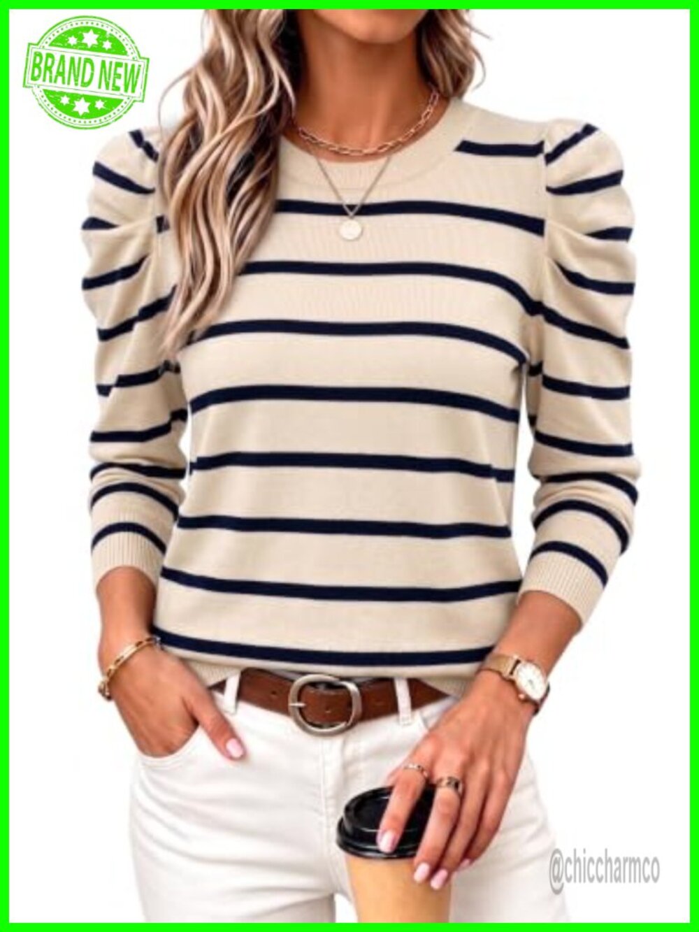 Womens Long Sleeve Puff Sleeve Crew Neck Pullover Sweater Knit Top
